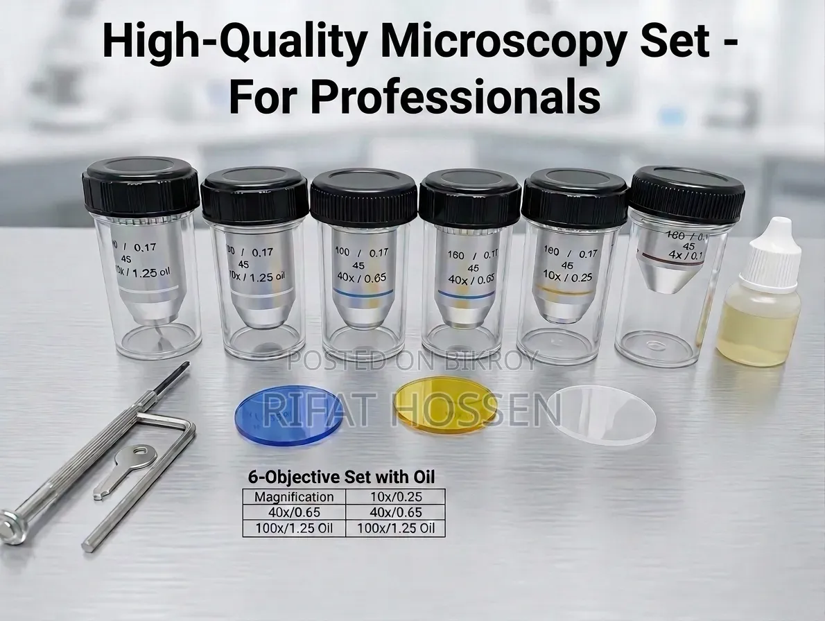 Professional Microscope Objective Lens – 6 Piece With Immersion Oil