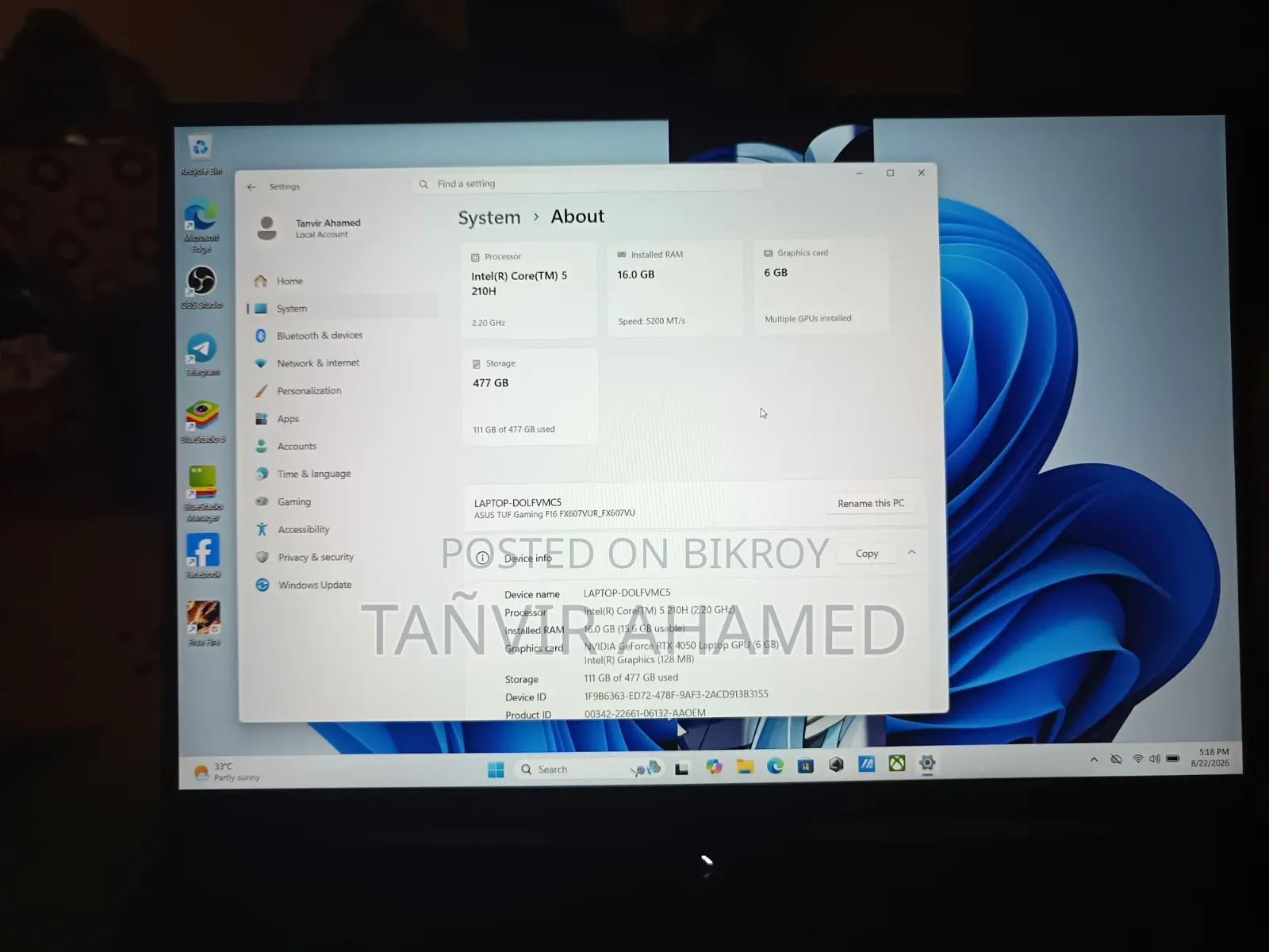 Laptop Asus TUF Gaming F16 16GB Intel Core 5 SSD 512GB