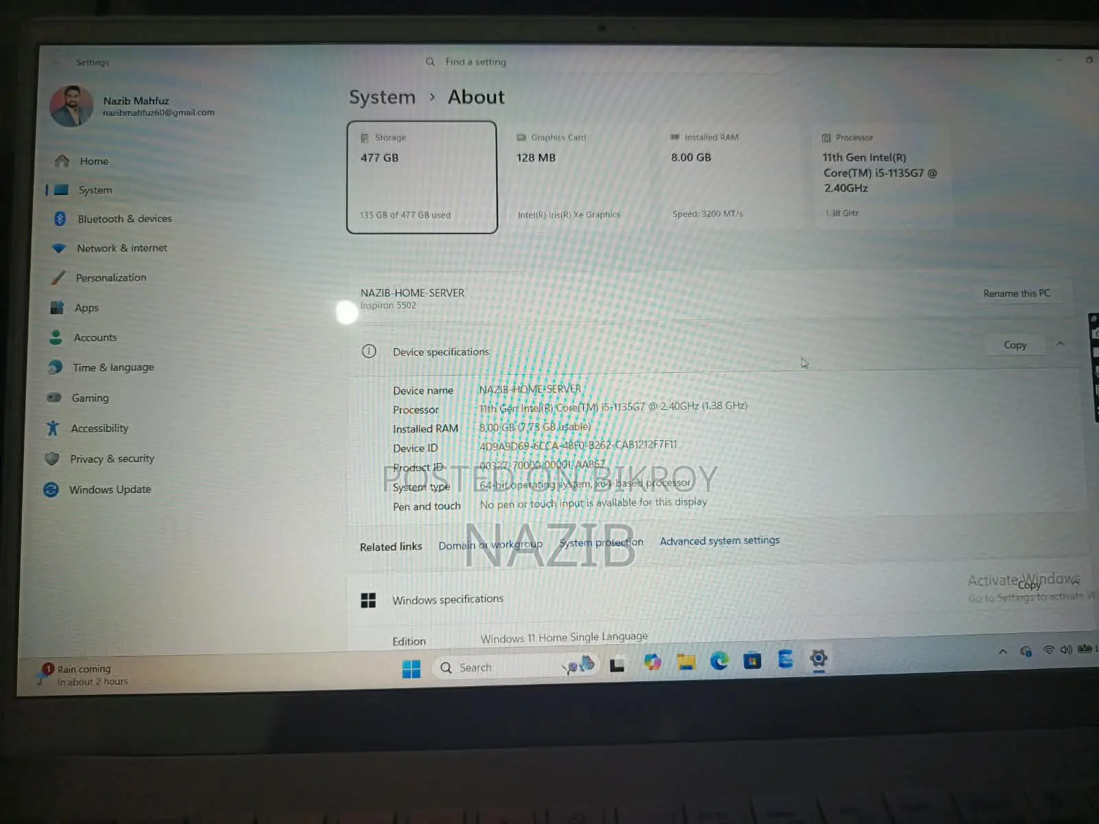 Laptop Dell Inspiron 15 5502 8GB Intel Core i5 512GB HDD+SSD