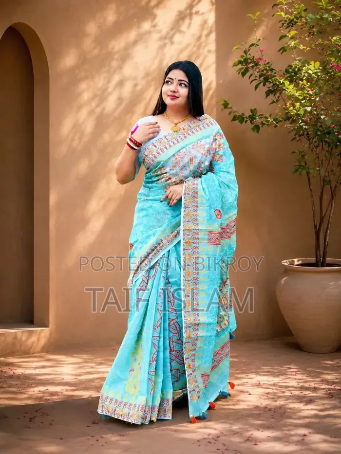 প্রিমিয়াম স্কাই ব্লু সফট কটন হ্যান্ড এমব্রয়ডারি শাড়ি
