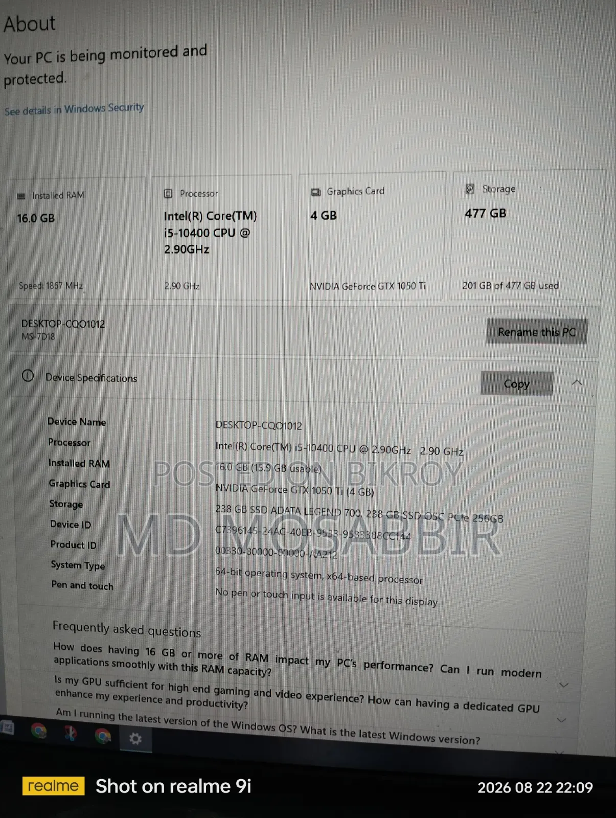 Desktop Computer Gigabyte 16GB Intel Core I5 SSD 256GB