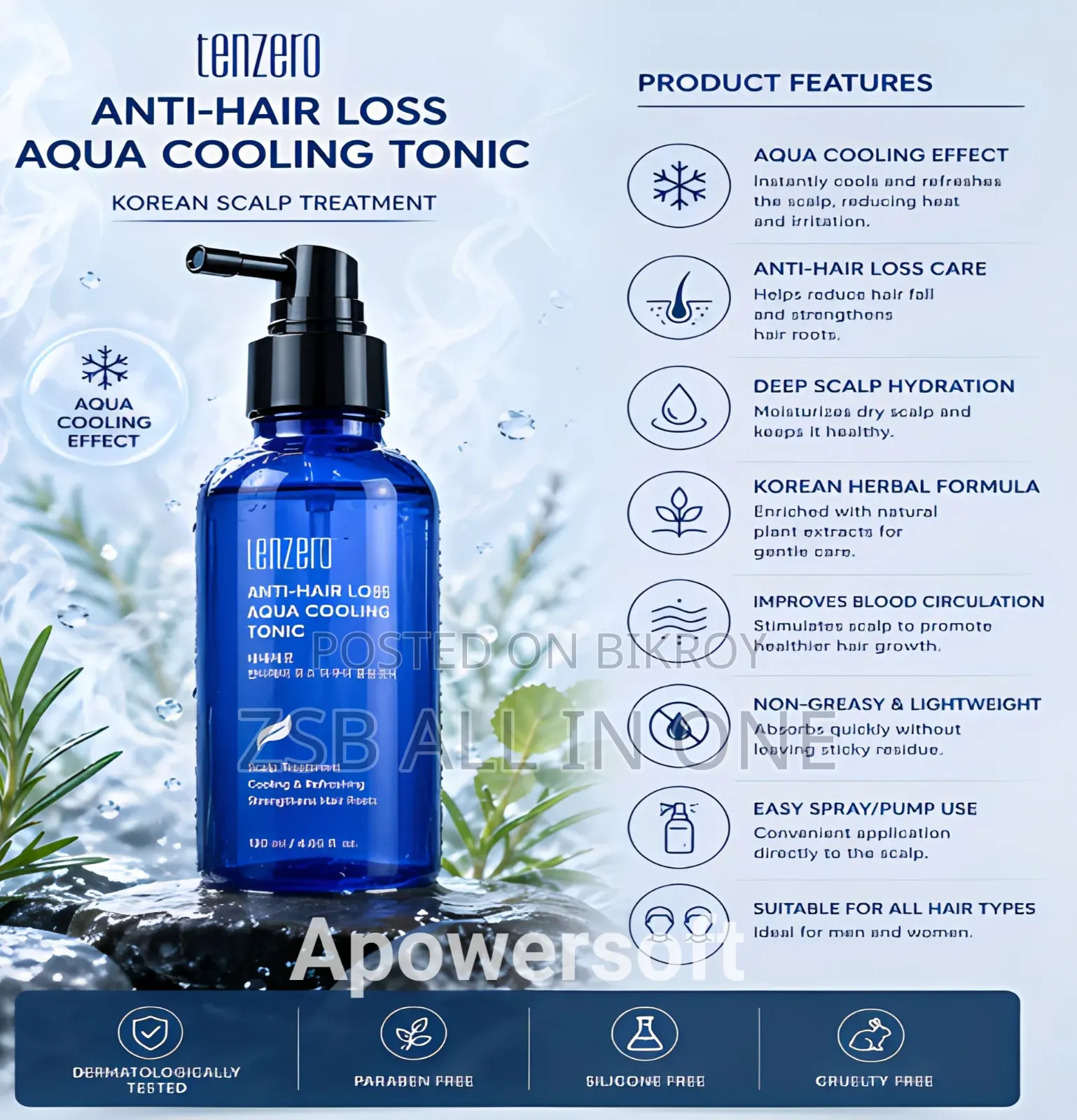 Tenzero Anti-Hair Loss Aqua Cooling Tonic, Korean Scalp Treatment