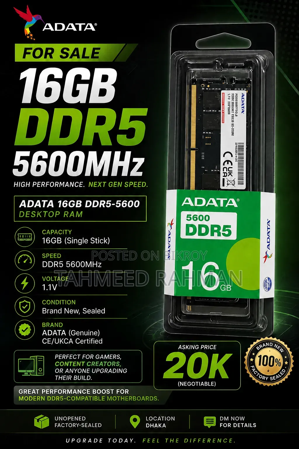 DDR5 16GB RAM 5600MHz Full New