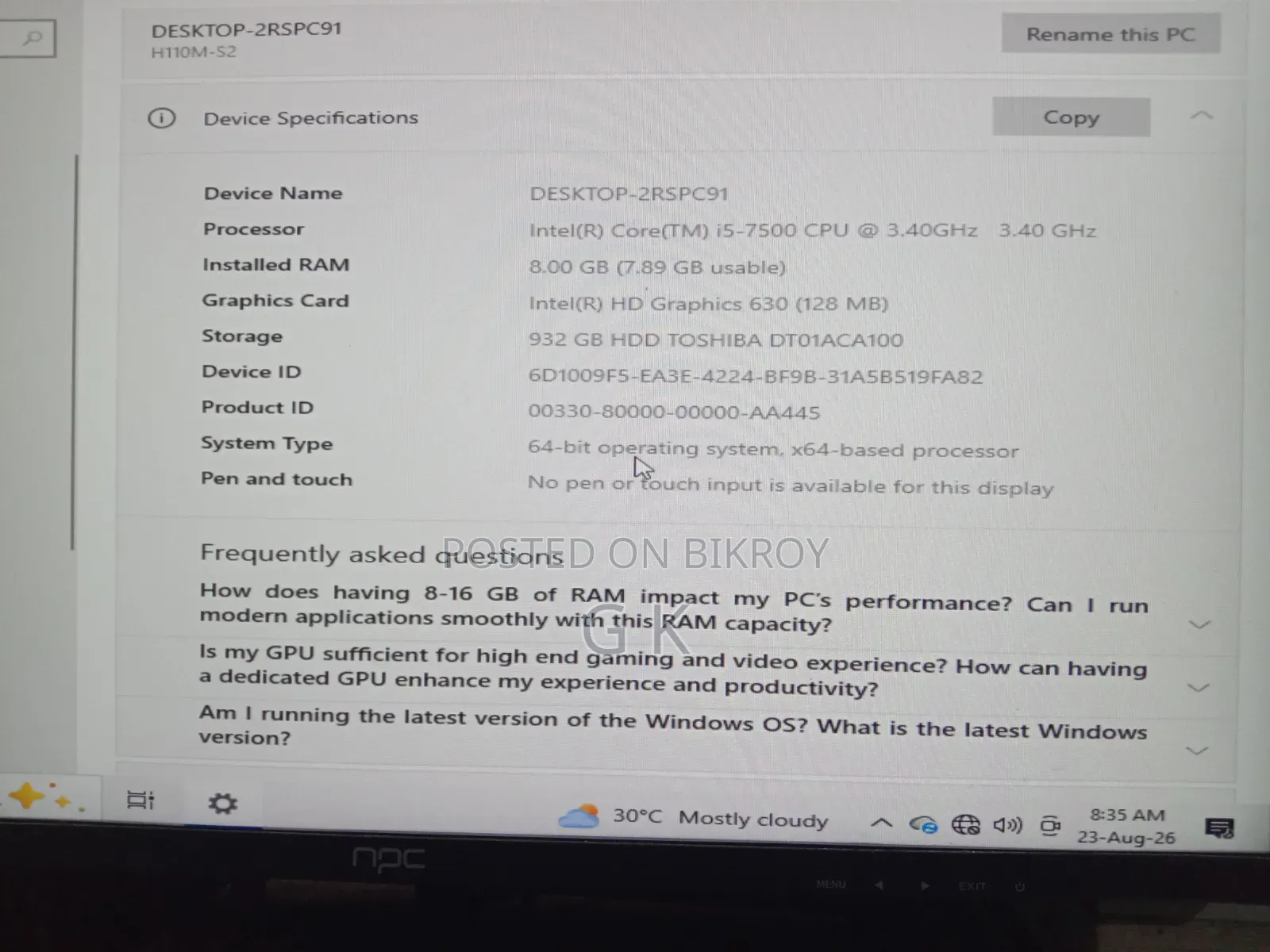Desktop Computer 8GB Intel Core i5 HDD+SSD 1TB