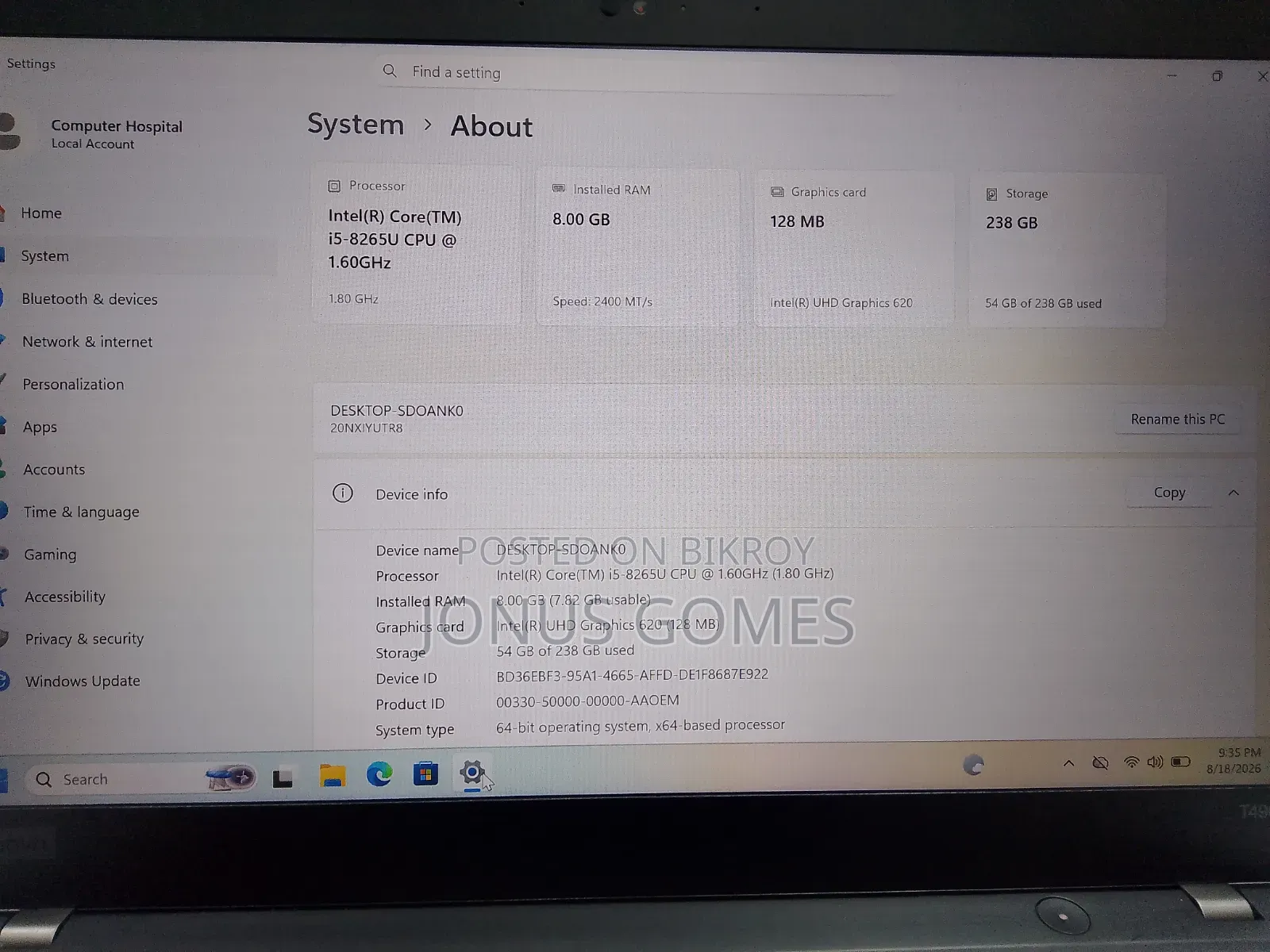Laptop Lenovo ThinkPad T490s 8GB Intel Core i5 SSD 256GB