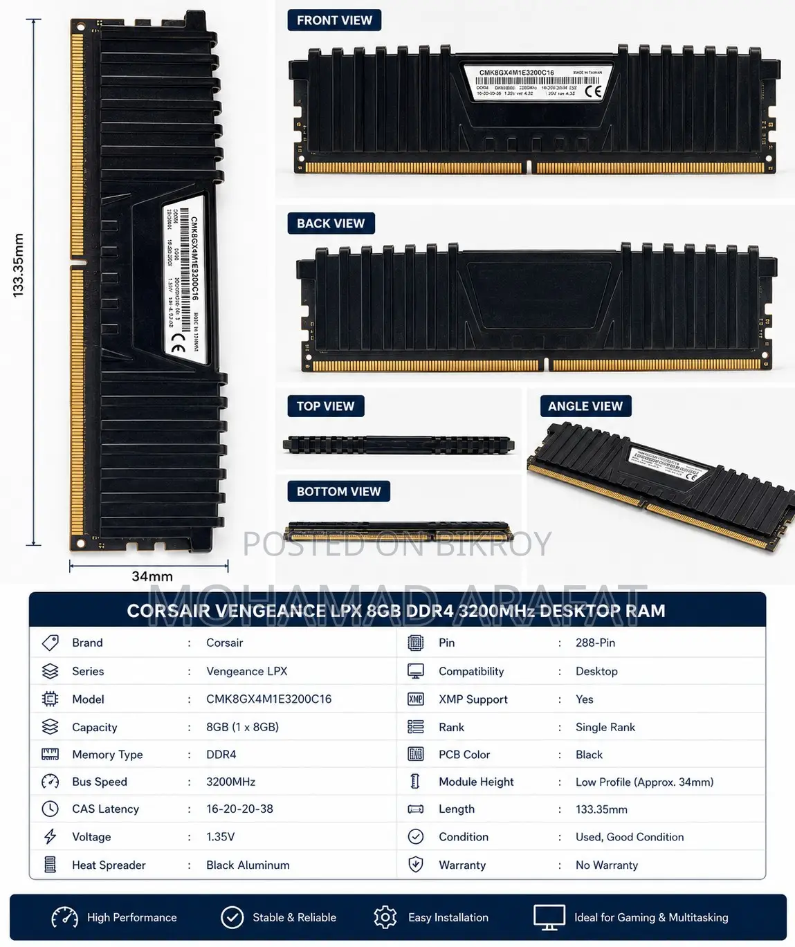 Corsair Vengeance LPX 8GB DDR4 3200MHz RAM | Desktop | Used