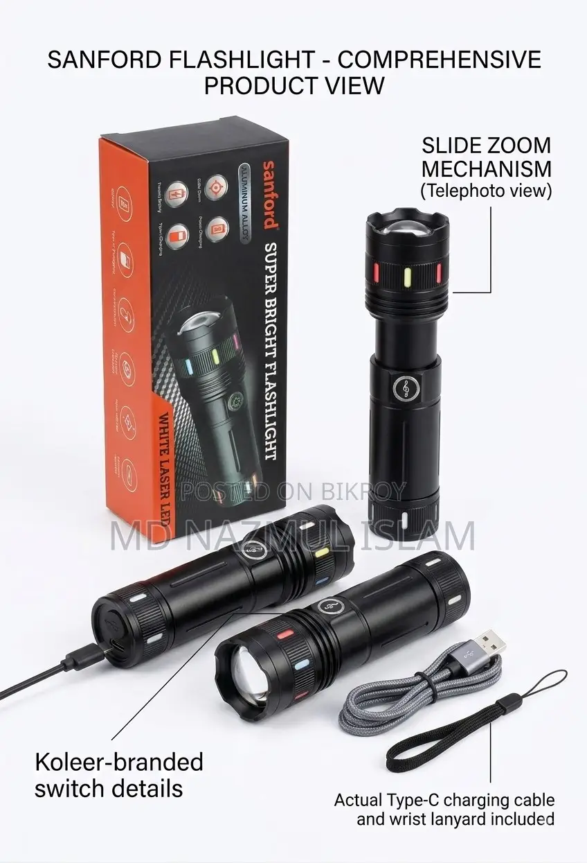 Sanford Super Bright White Laser LED Flashlight With Power Bank