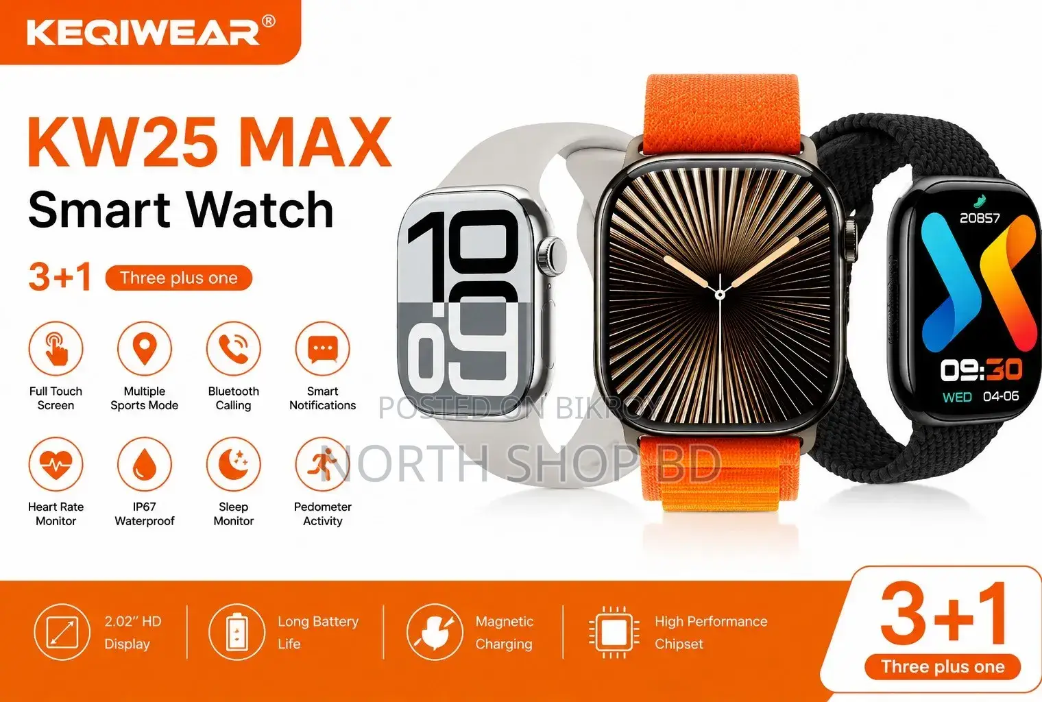 Keqiwear KW25 Max Smart Watch With 3 Pairs of Straps
