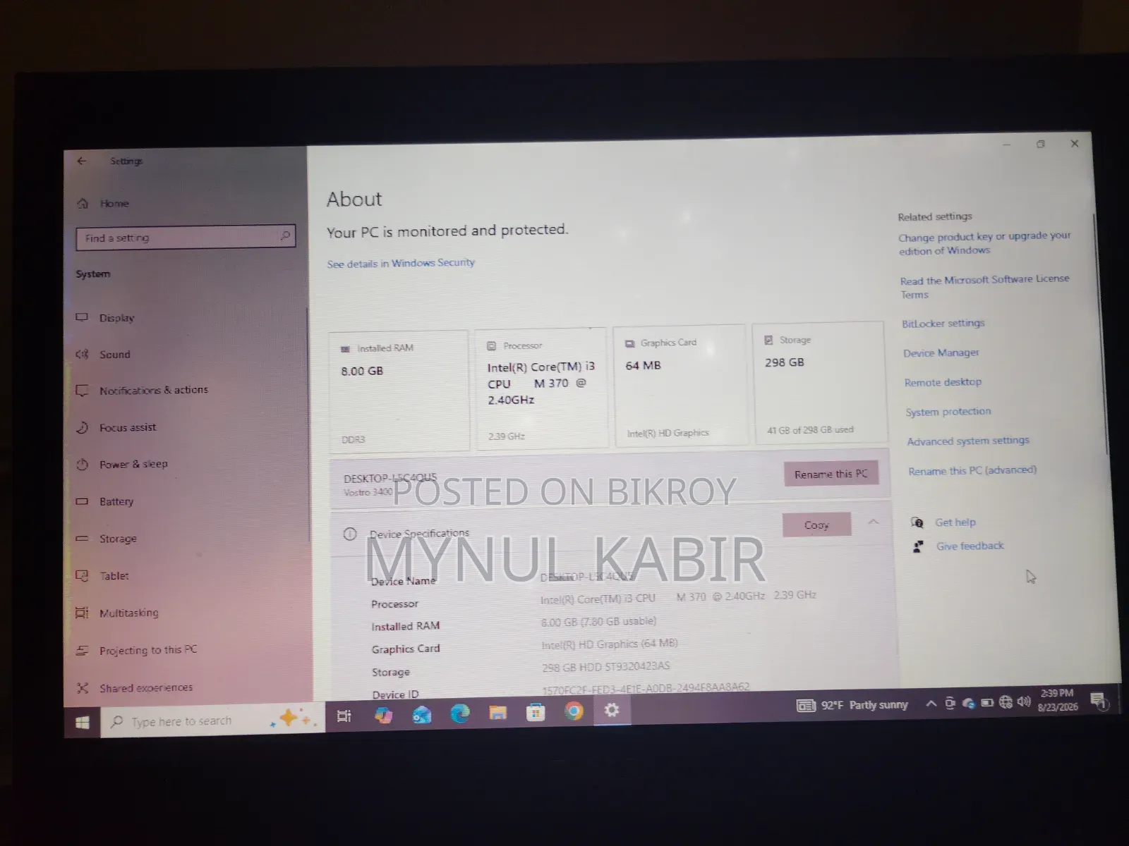 Laptop Dell Vostro 3700 8GB Intel Core i3 HDD 256GB