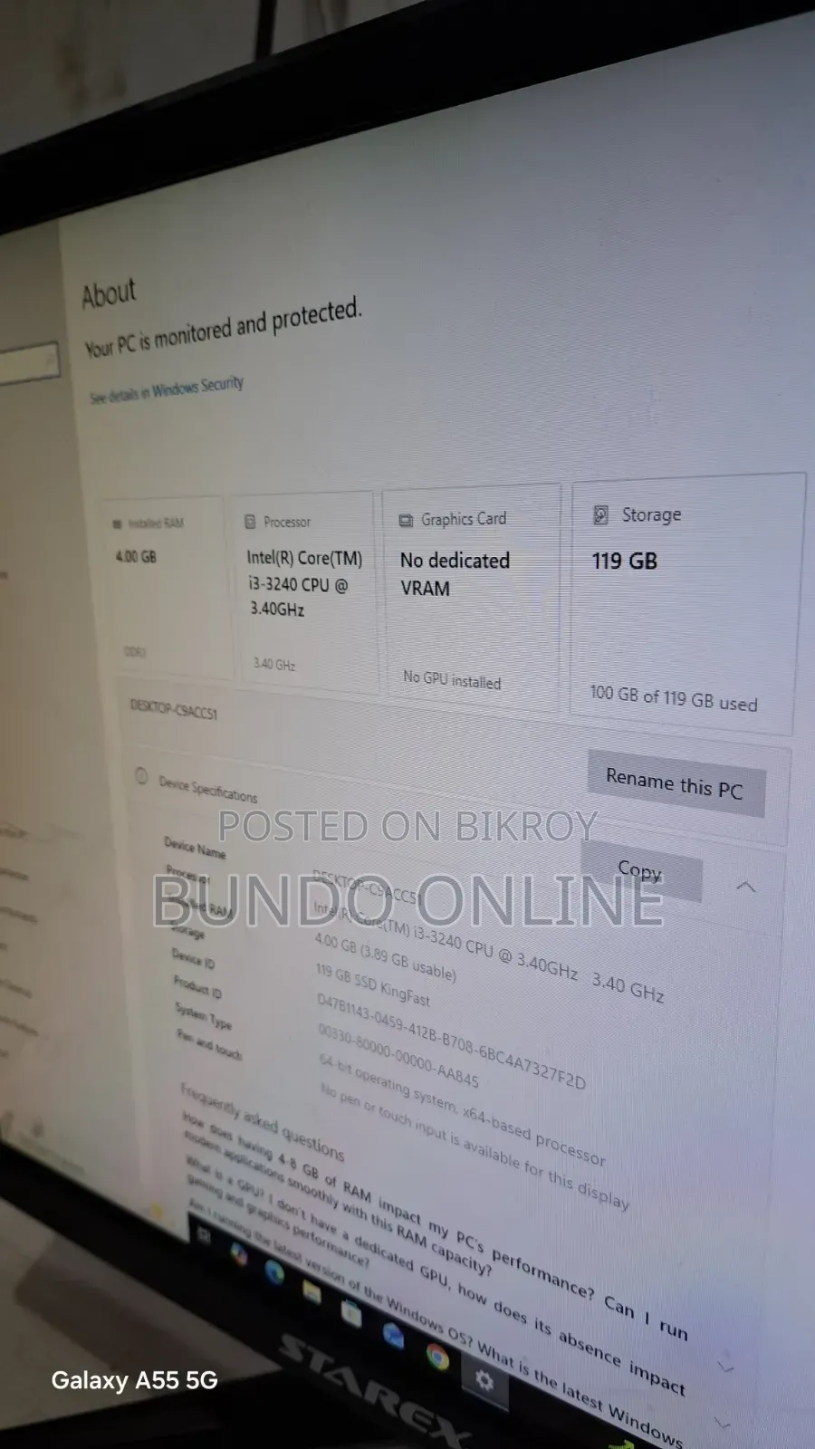 Desktop Computer 4GB Intel Core i3 SSD 128GB