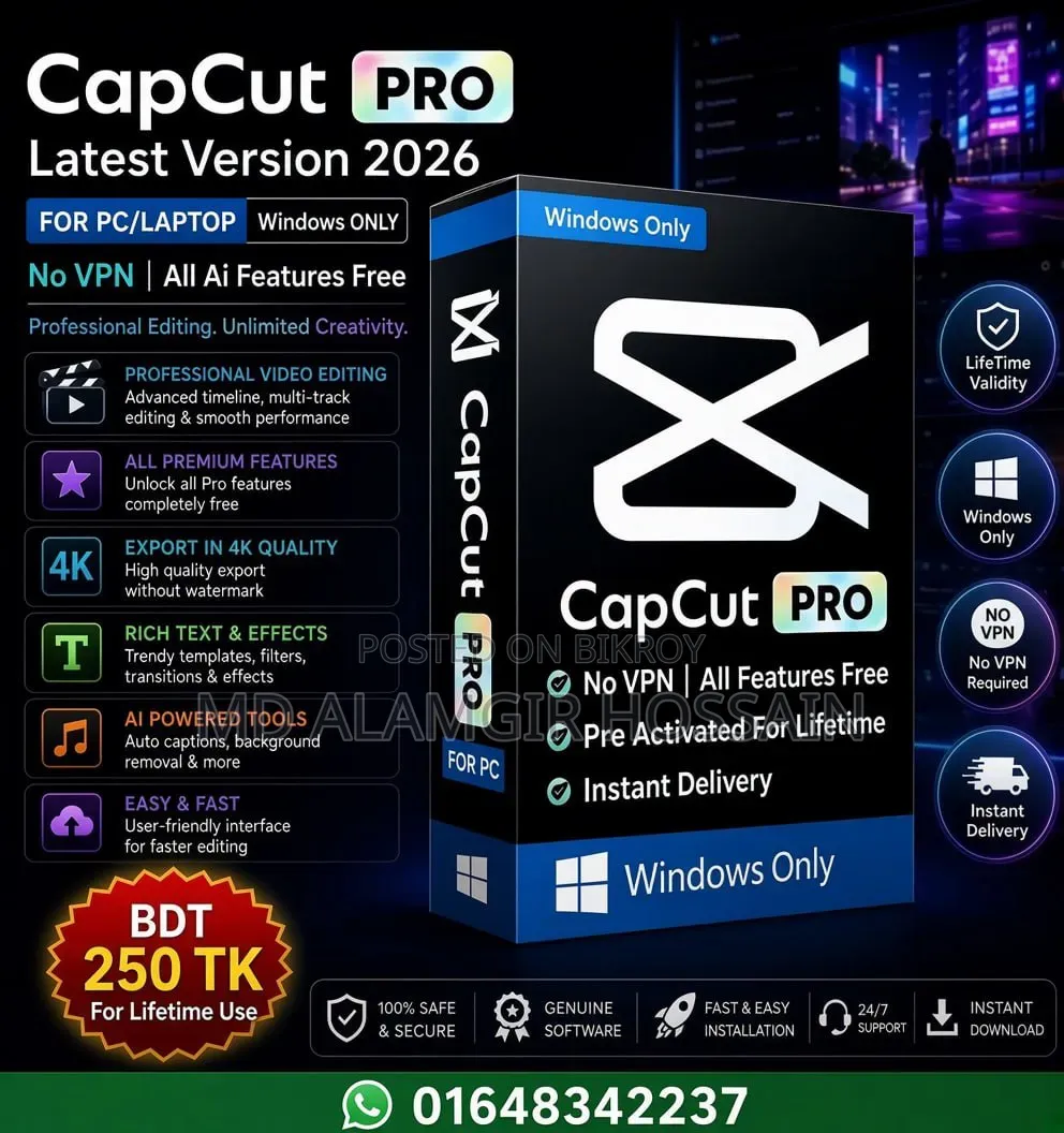 Capcut Pro Latest 2026 PC/Laptop Only Windows Lifetime