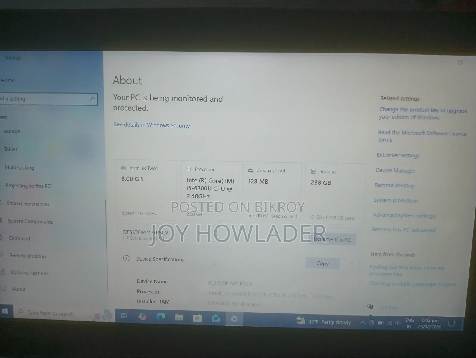 Laptop HP EliteBook 840 G3 8GB Intel Core I5 SSHD+SSD 256GB