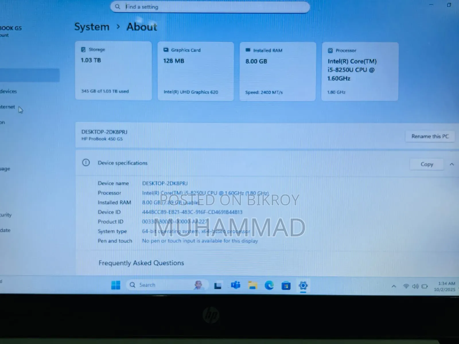 ল্যাপটপ এইচপি প্রোবুক ৪৫০ জি৫ ৮জিবি ইন্টেল কোর আই৫ এইচসিসি+এসএসডি ২৫৬জিবি