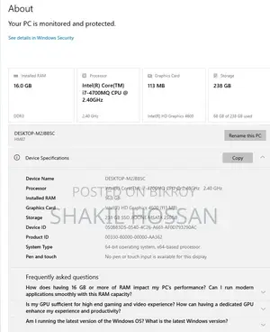 Desktop Computer 16GB Intel Core I7 SSHD (Hybrid) 256GB
