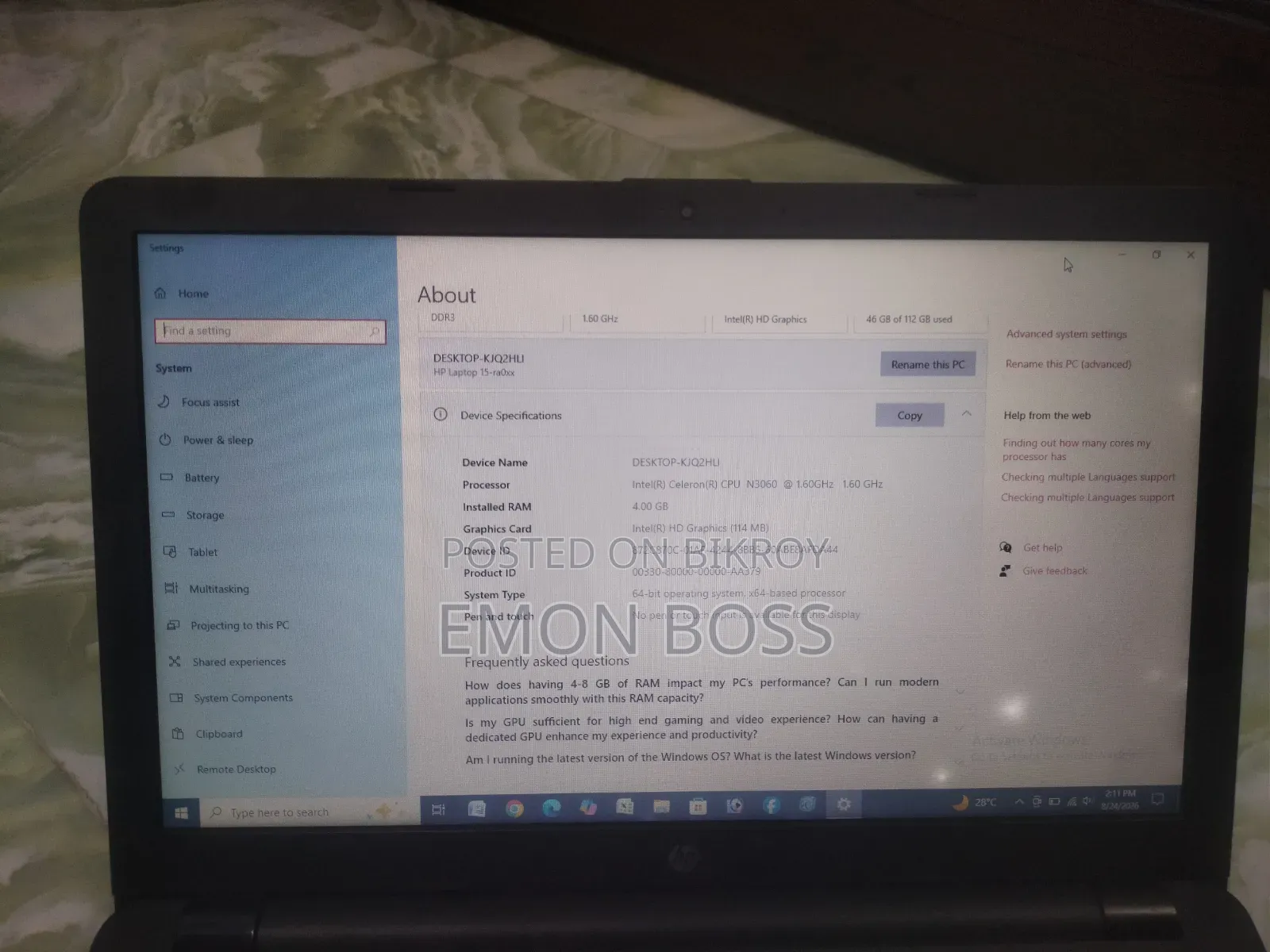 Laptop HP 15-Ra003nia 4GB Intel Celeron SSD 128GB