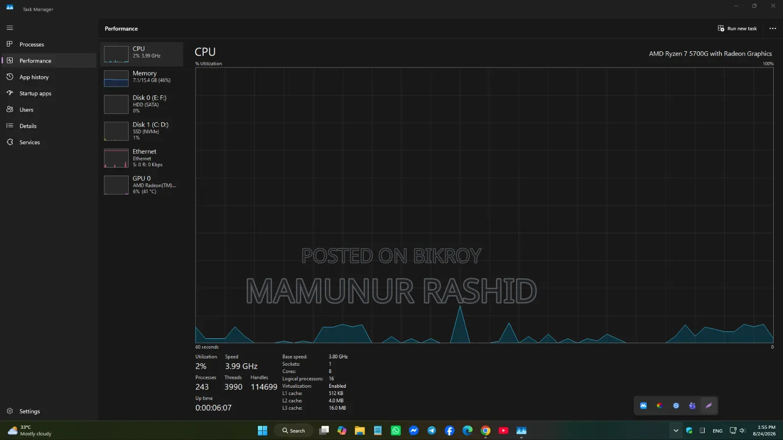 Desktop Computer MSI model 16GB AMD Ryzen 7 HDD+SSD 500GB