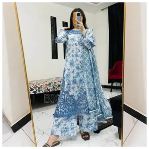 Three-piece set with full-body embroidery work on cotton fabric.