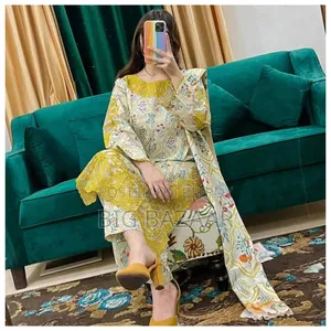 Three-piece set with full-body embroidery work on cotton fabric.
