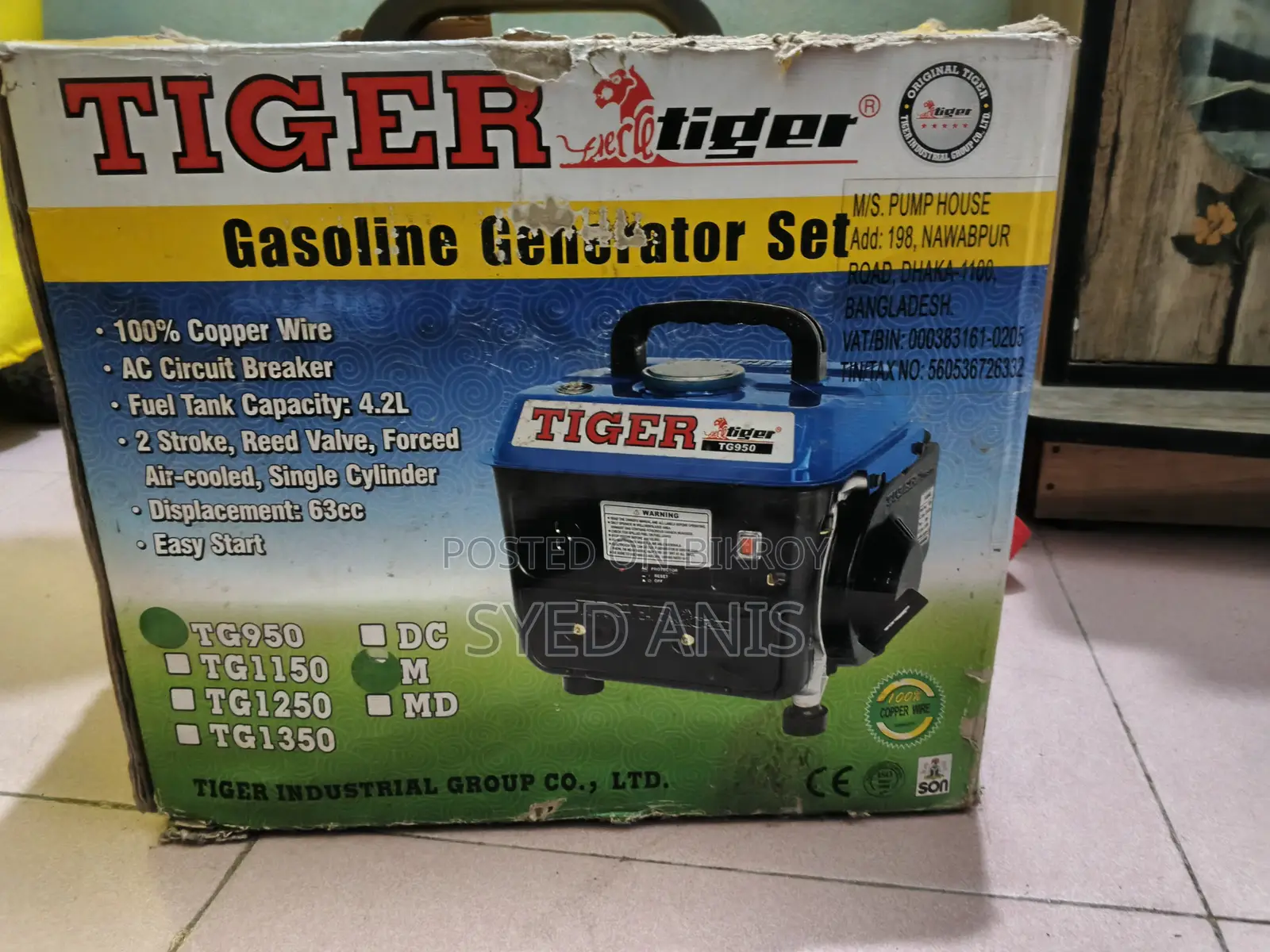 Tiger TG950M Portable Generator for Sale (100% Copper Coil)