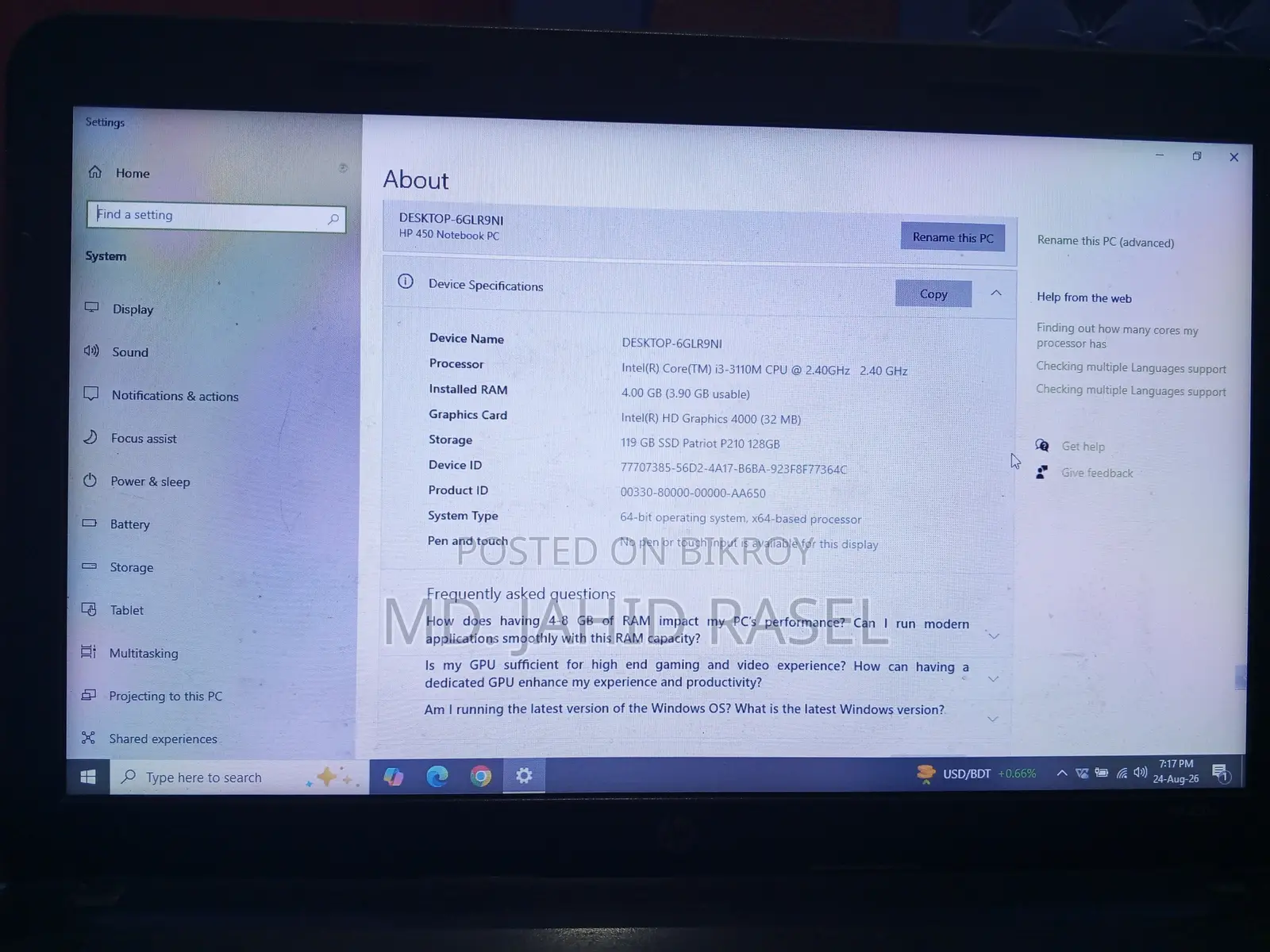 Laptop HP 15s 4GB Intel Core i3 HDD+SSD 128GB