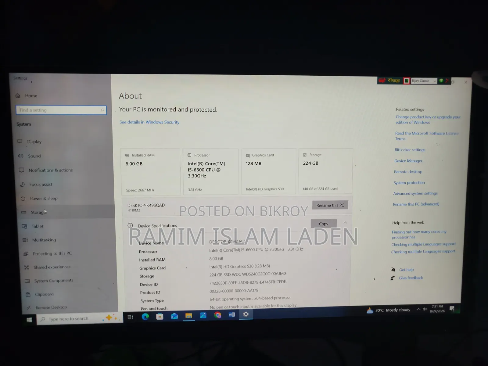 Desktop Computer 8GB Intel Core I5 SSD 256GB