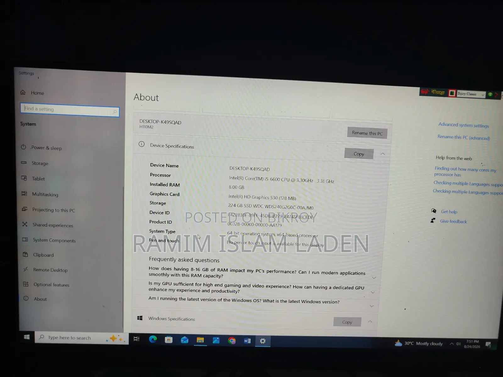 Desktop Computer 8GB Intel Core I5 SSD 256GB