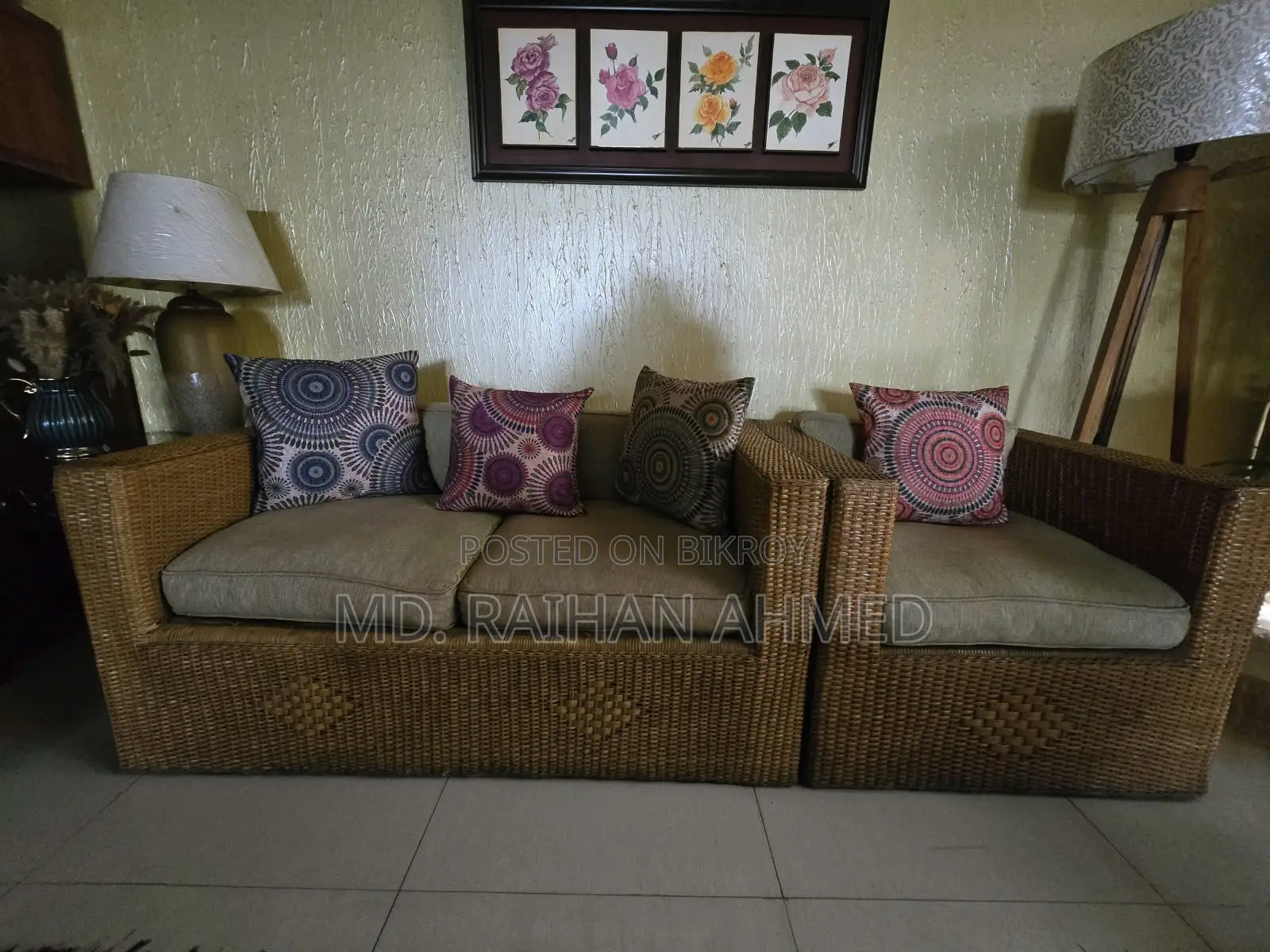 Cane Furniture Set – Sofa 2+1+1, Center Table & Bed