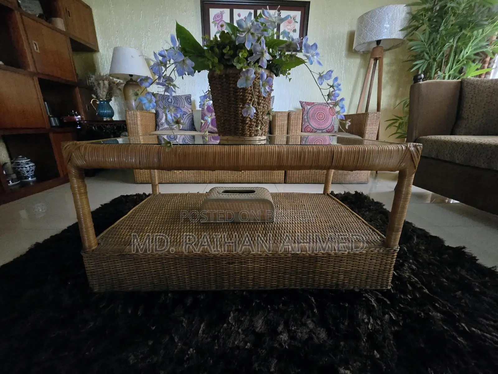 Cane Furniture Set – Sofa 2+1+1, Center Table & Bed