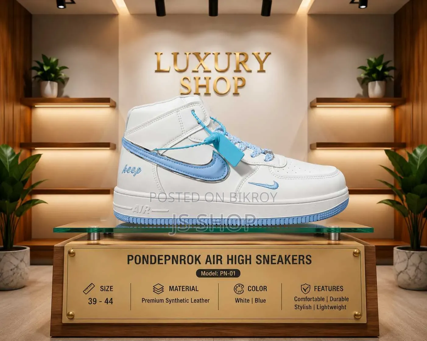 Premium High-Top Casual Sneakers for Men – White & Sky Blue