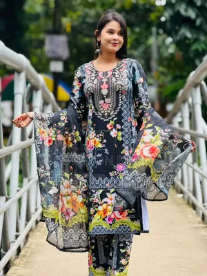 Three piece set with digital print on full body in China DTX fabric.