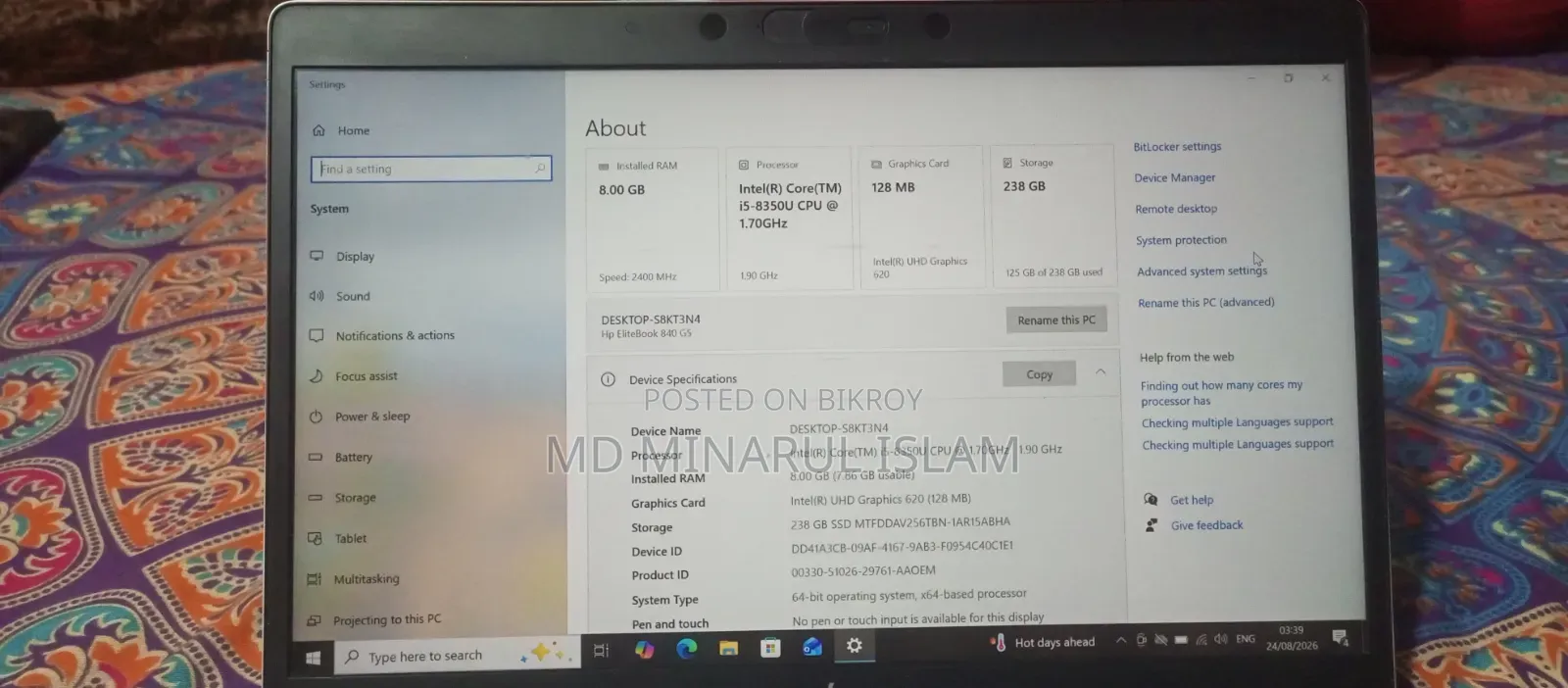 Laptop HP EliteBook 840 G6 8GB Intel Core i5 SSD 256GB