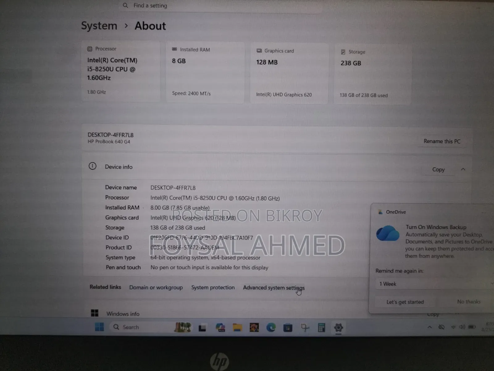 Laptop HP 8gb SSD 256gb