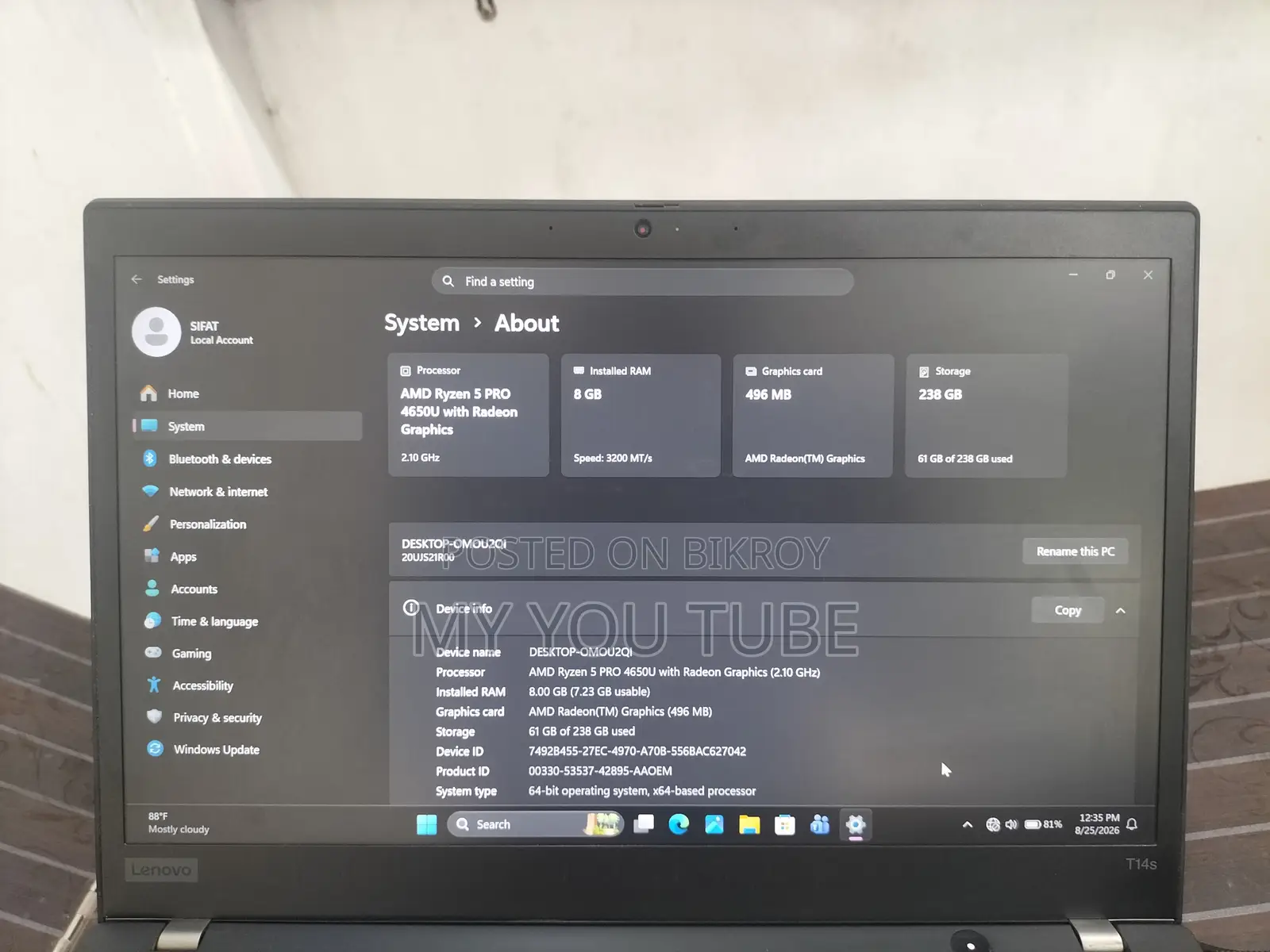 Laptop Lenovo 8GB AMD Ryzen 5 SSD 256GB