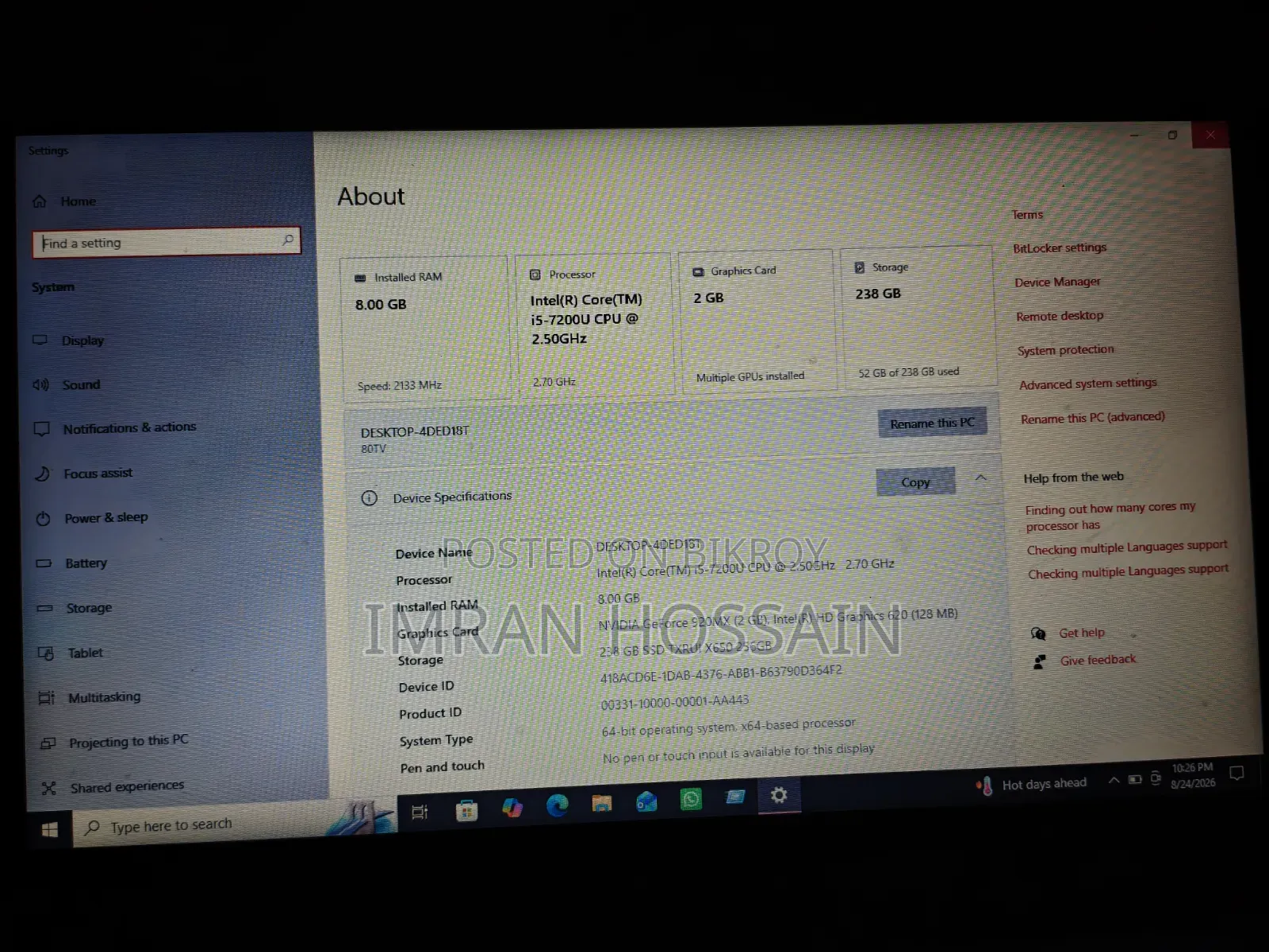 Lenovo Laptop 8GB Intel Core I5 SSD 256GB
