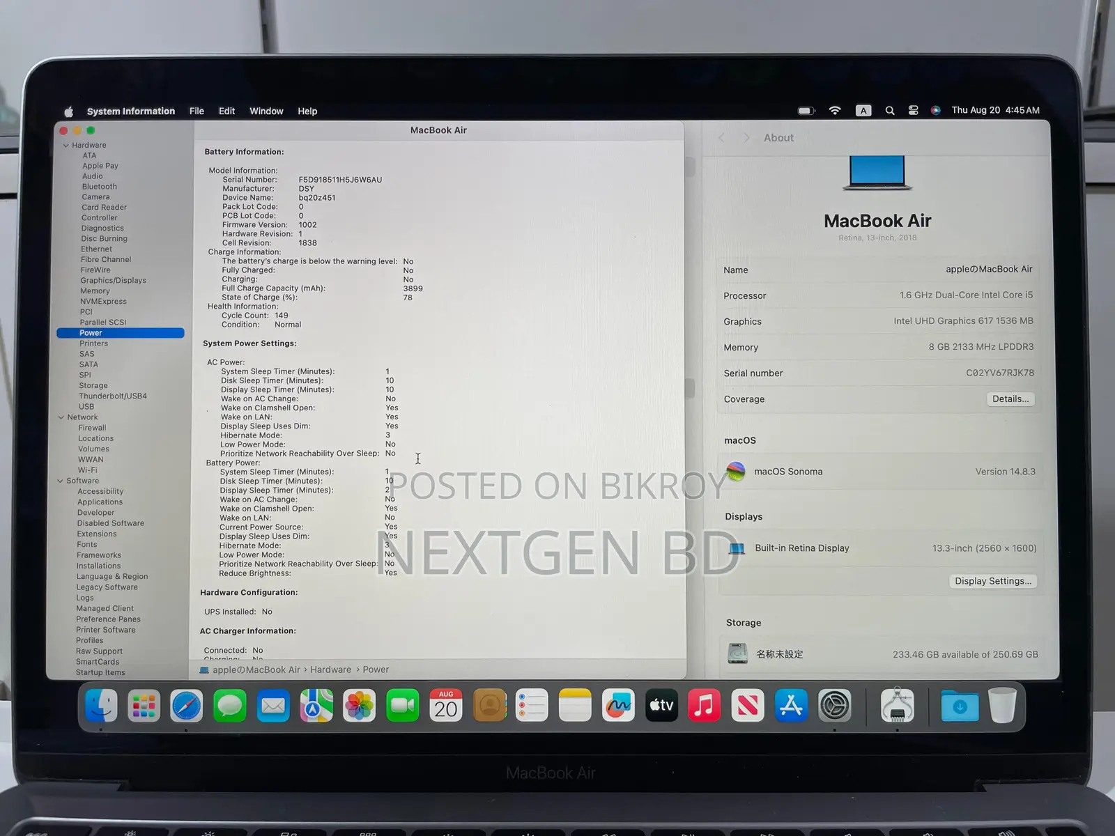 Laptop Apple MacBook Air 2018 8GB Intel Core i5 SSD 256GB