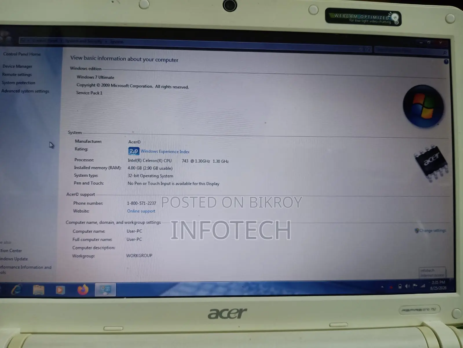 Laptop Acer Aspire 1 2GB Intel Celeron SSD 128GB