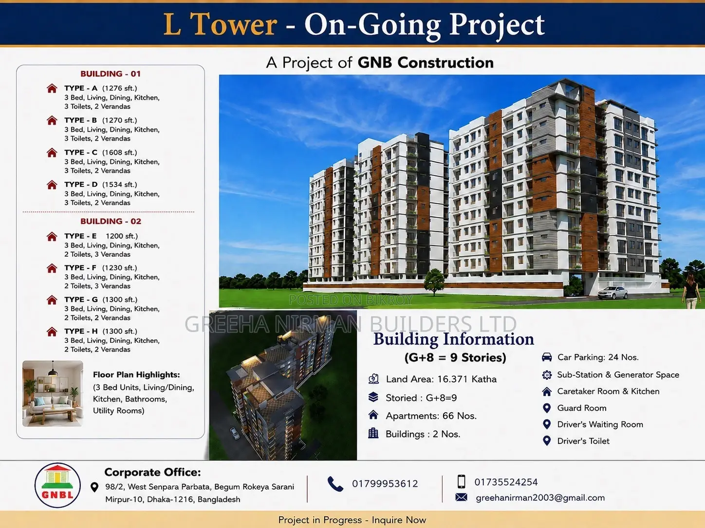 3-Bedroom Apartment in L Tower, Kazipara for Sale