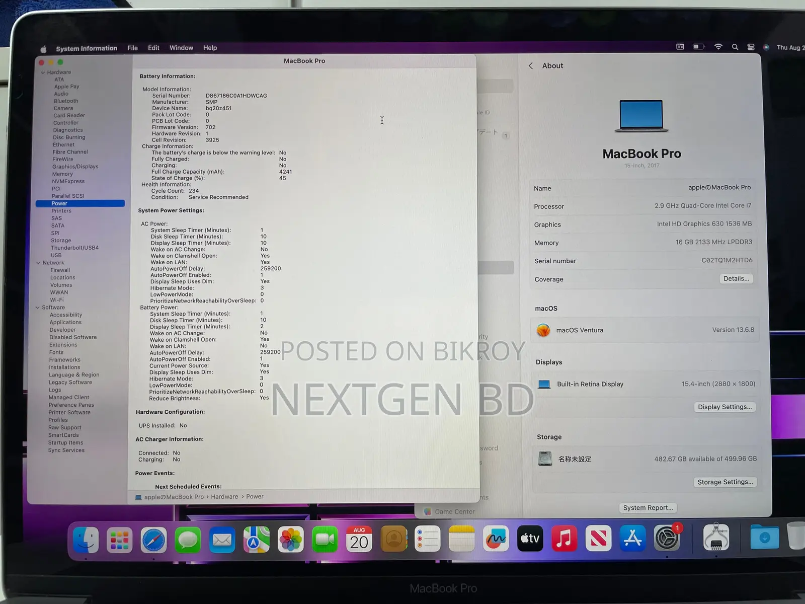 Laptop Apple MacBook Pro 2017 16GB Intel Core i7 SSD 512GB