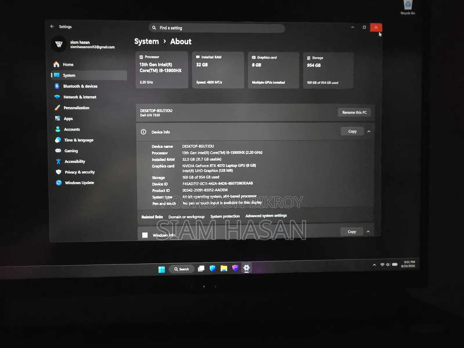 Laptop Dell G16 7630 32GB Intel Core i9 SSD 1T