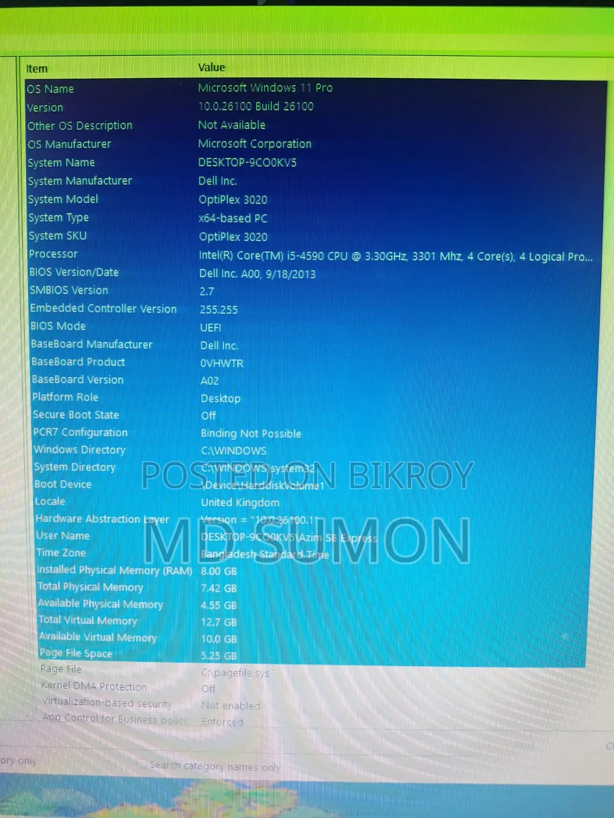 Desktop Computer Dell OptiPlex 3020 8GB Intel Core i5 SSD 128GB