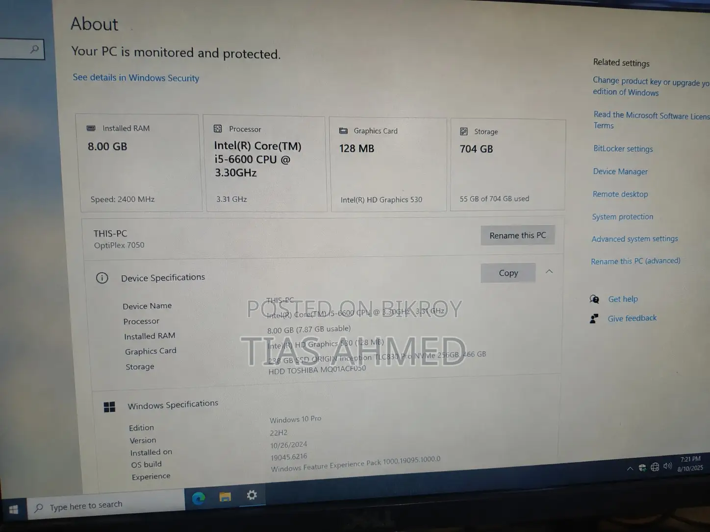 Desktop Computer Dell Optiplex 7050 8GB Intel Core i5 HDD+SSD 750GB