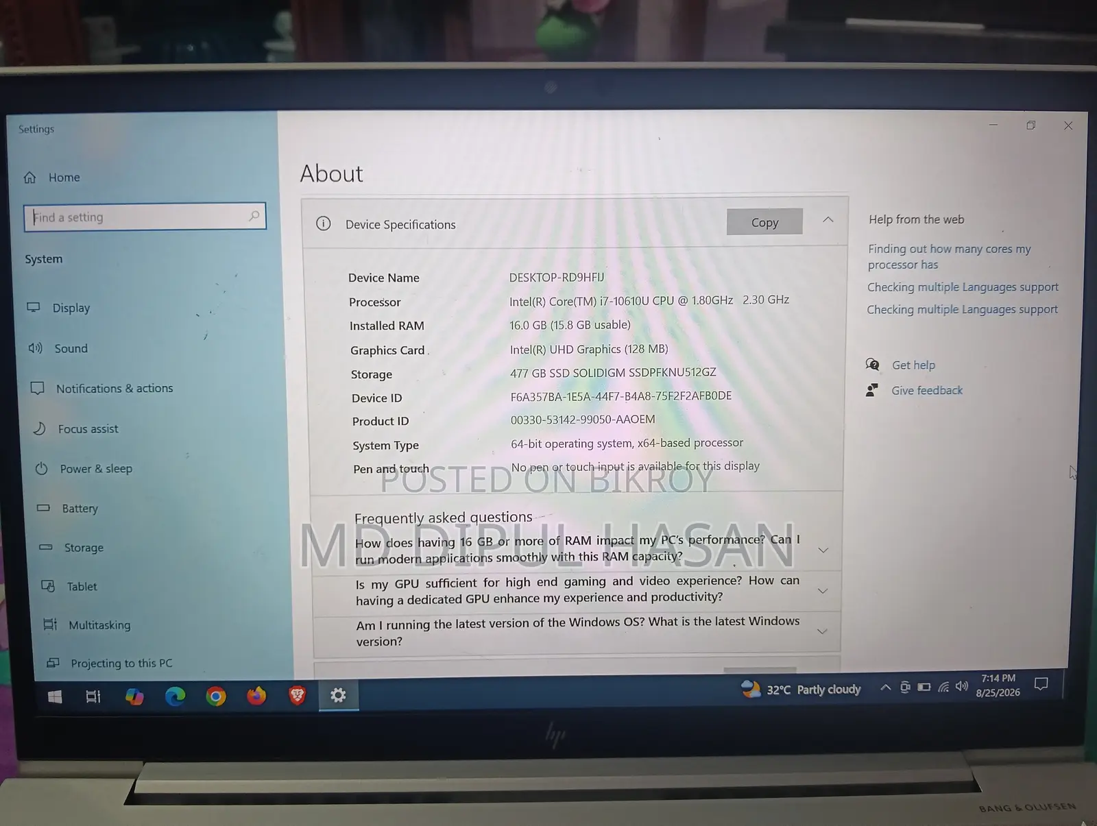 Laptop HP EliteBook 840 G7 16GB Intel Core i7 SSD 512GB