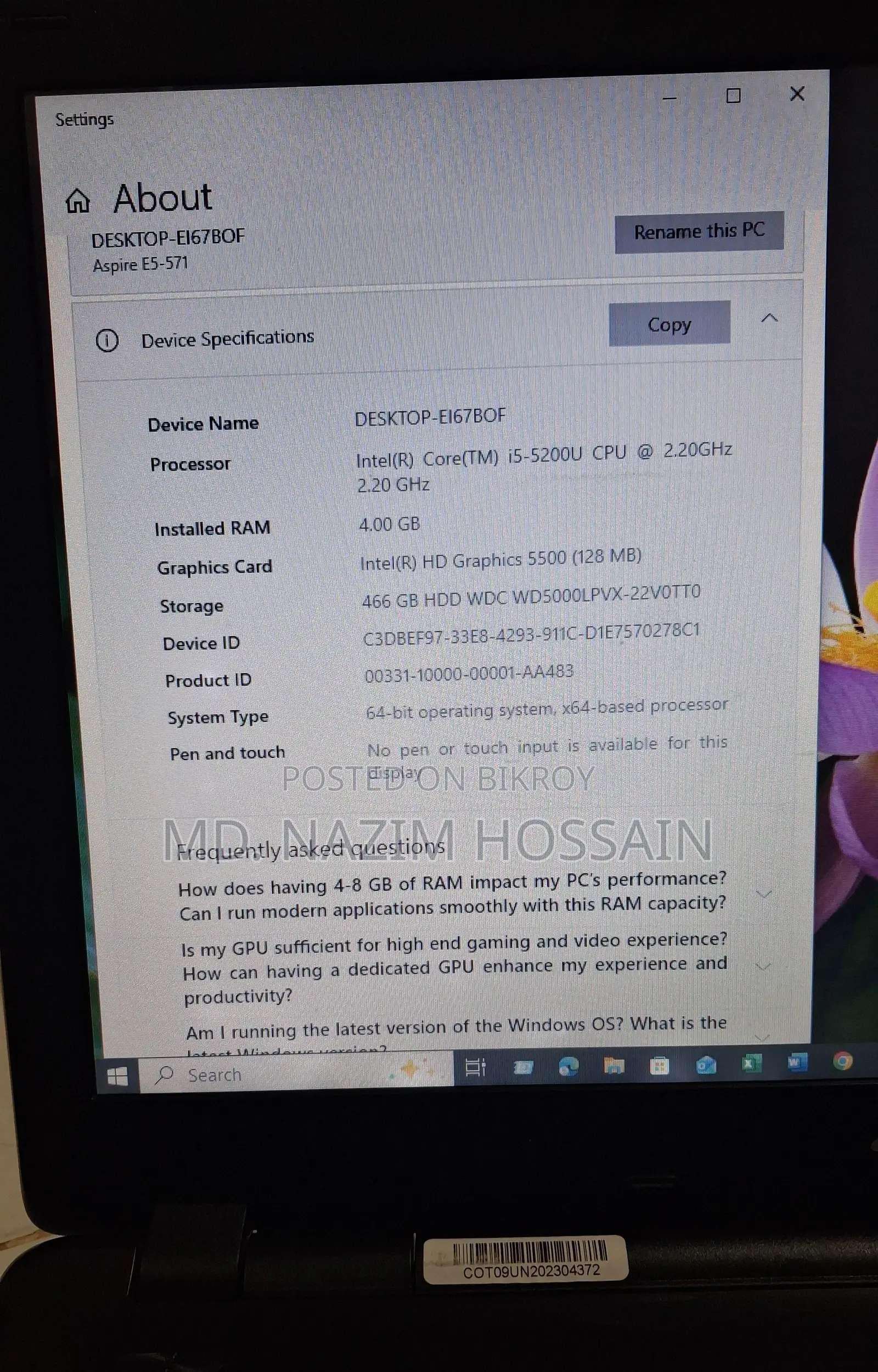 Laptop Acer Aspire 5 4GB Intel Core i5 HDD 500GB