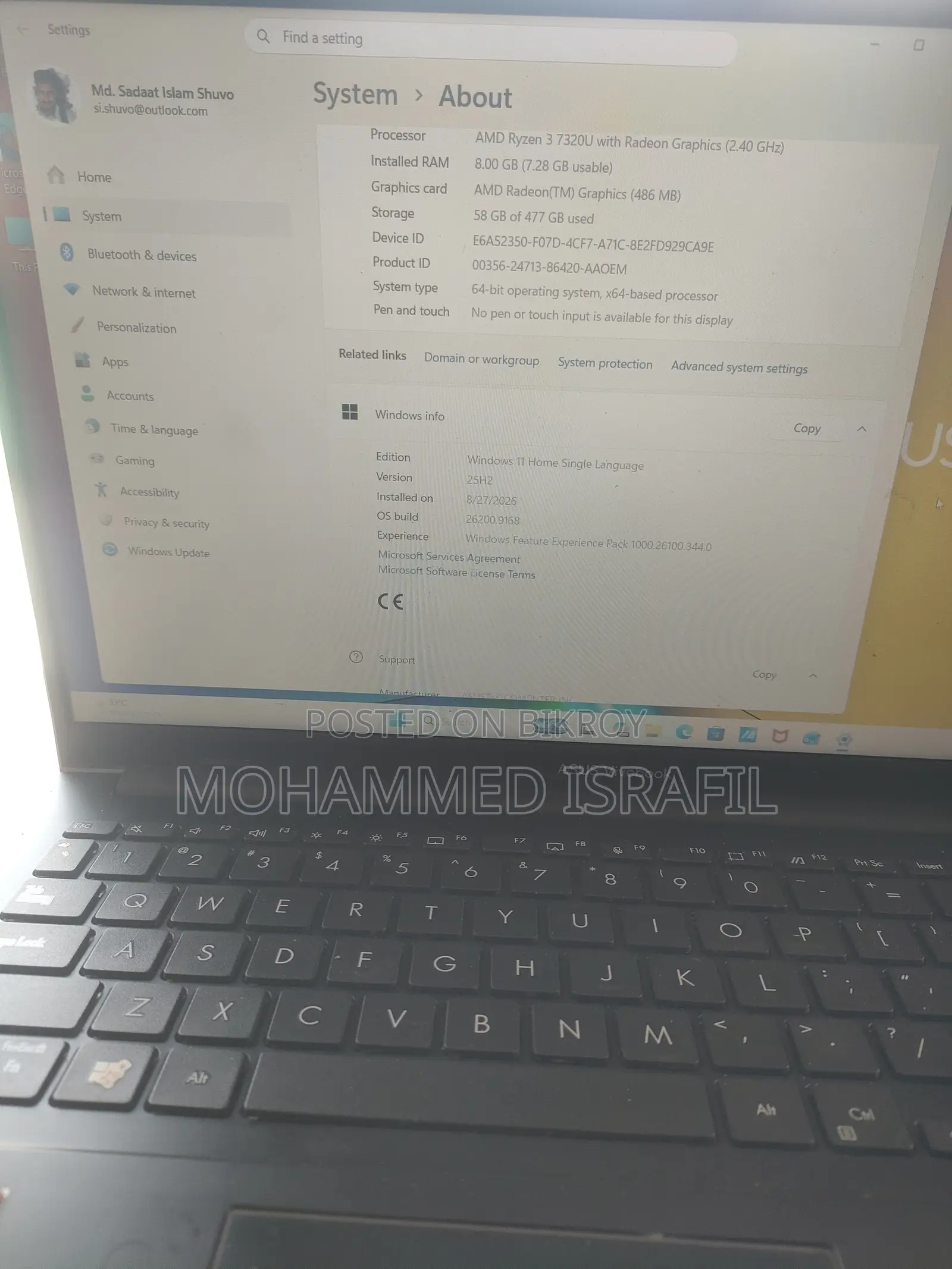 Laptop Asus Vivobook 15 8GB AMD Ryzen 3 HDD+SSD 512GB
