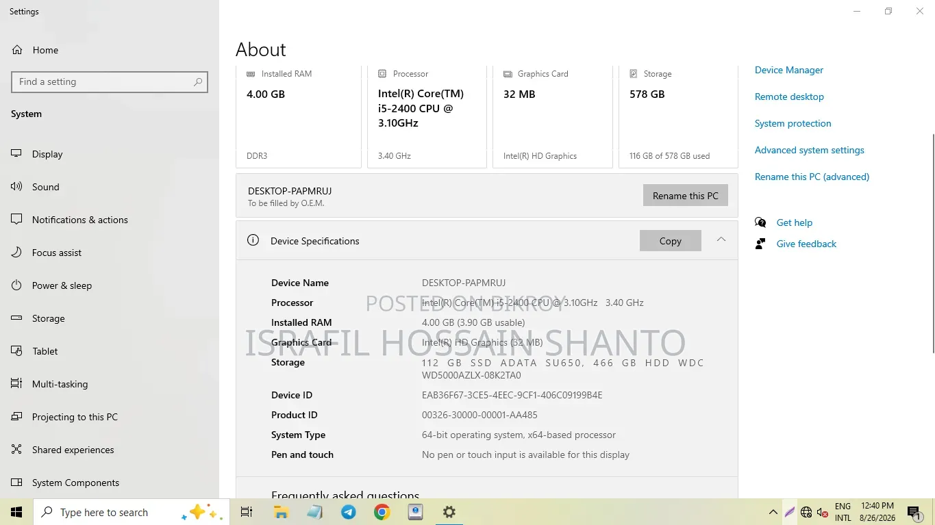 Desktop Computer 4GB Intel Core i5 SSD 128GB
