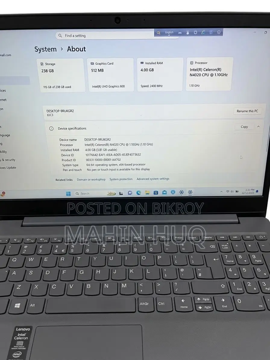 Laptop Lenovo Ideapad 3 4GB Intel Celeron HDD 256GB