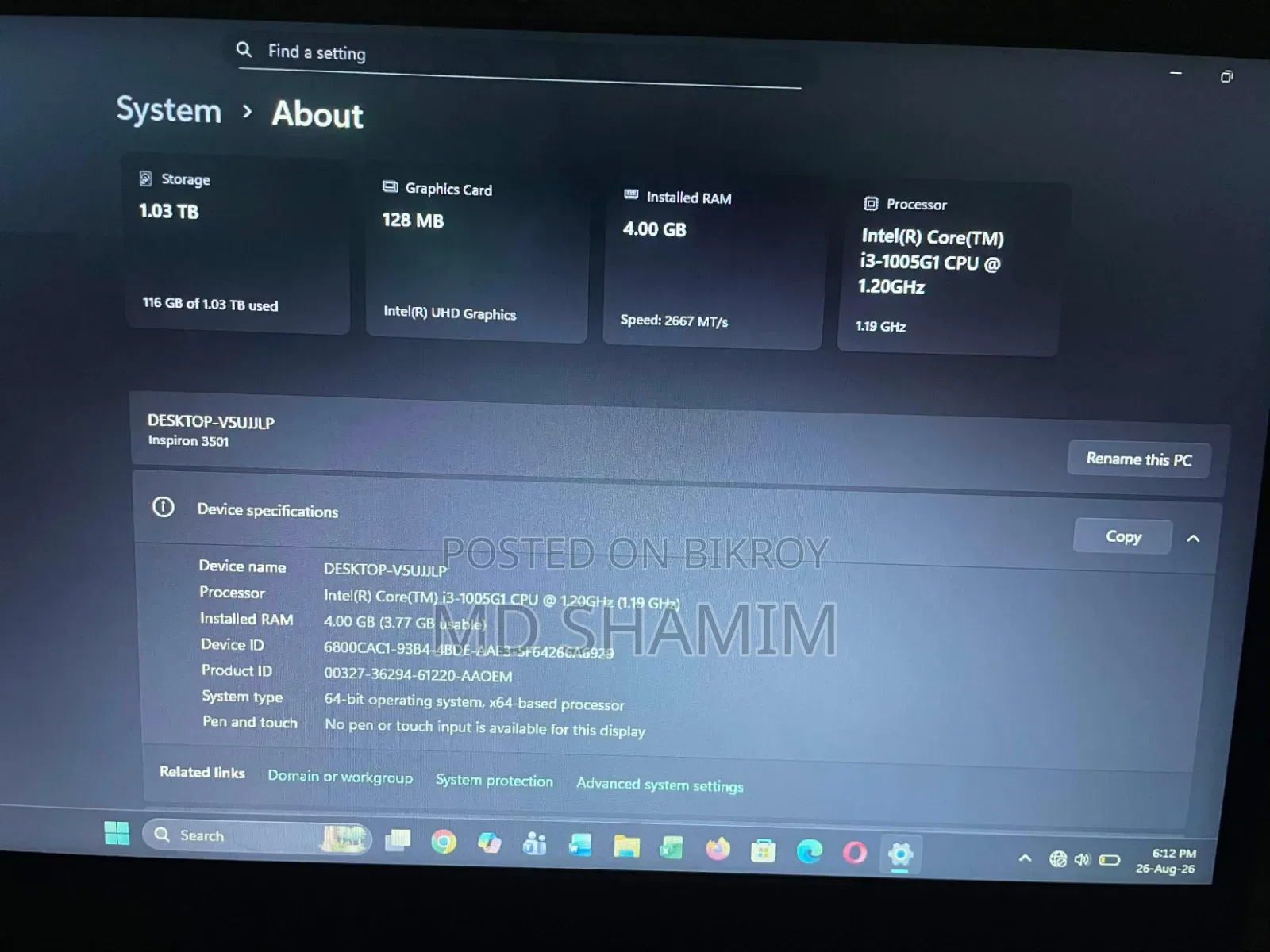 Laptop Dell Inspiron 15 3000 4GB Intel Core i3 SSHD+SSD 1T