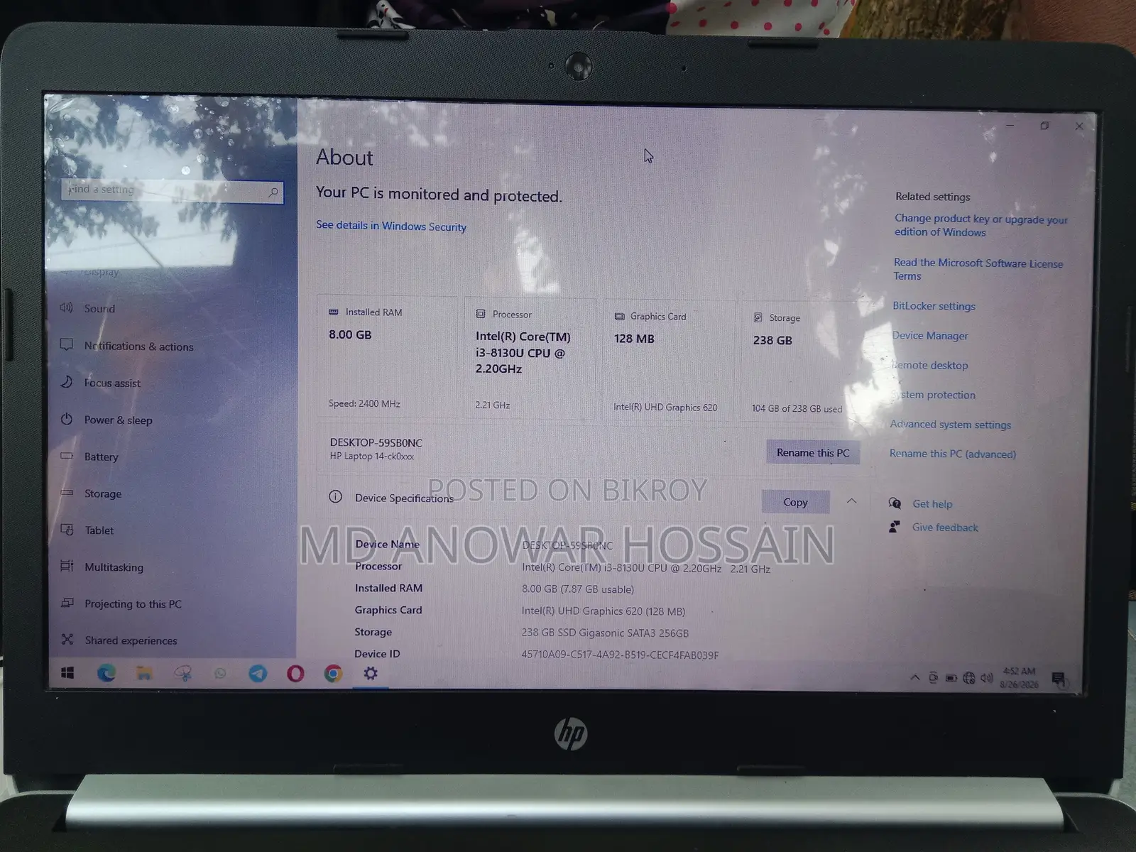 Laptop HP 8GB Intel Core i3 SSD 256GB