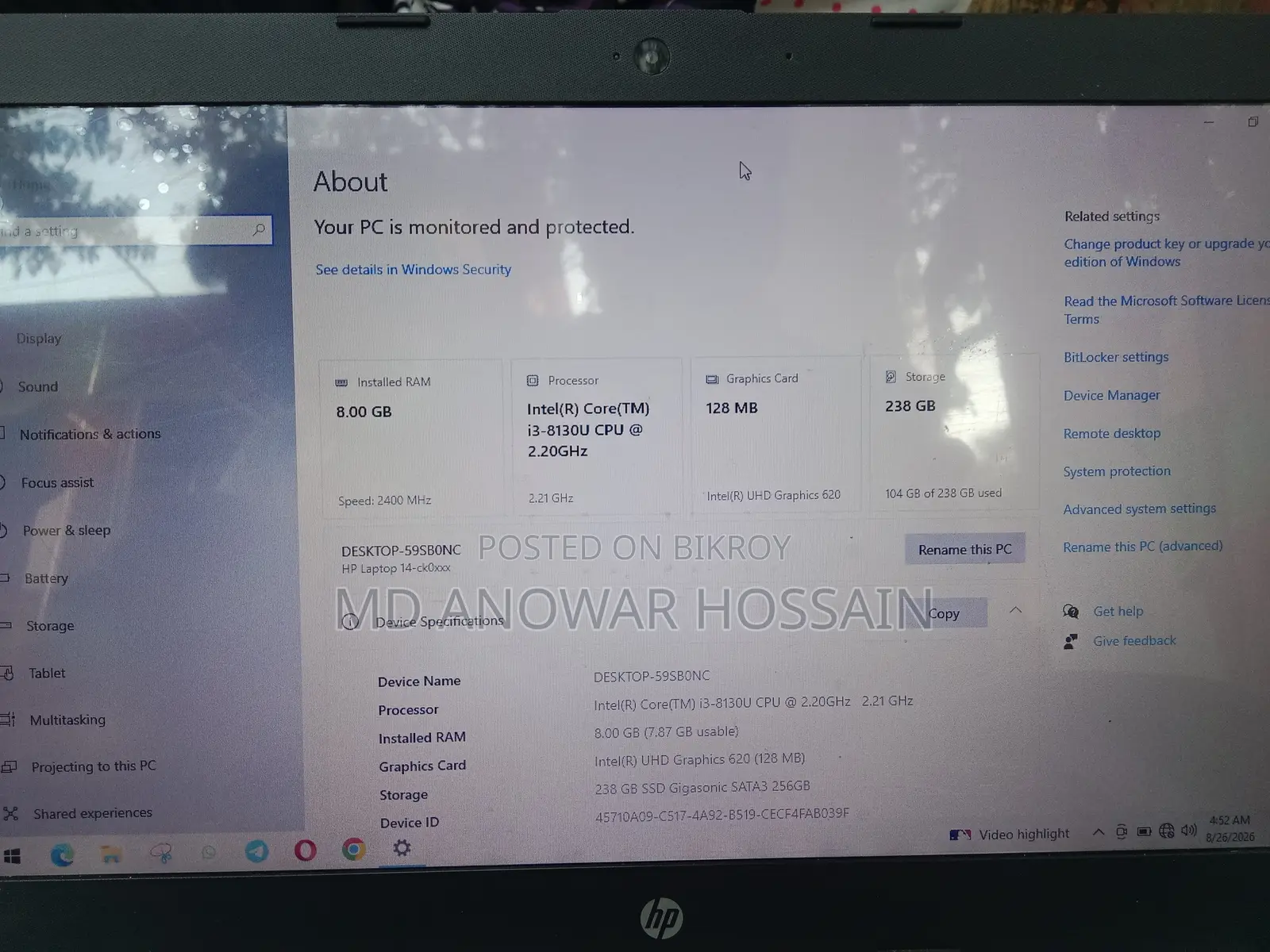 Laptop HP 8GB Intel Core i3 SSD 256GB