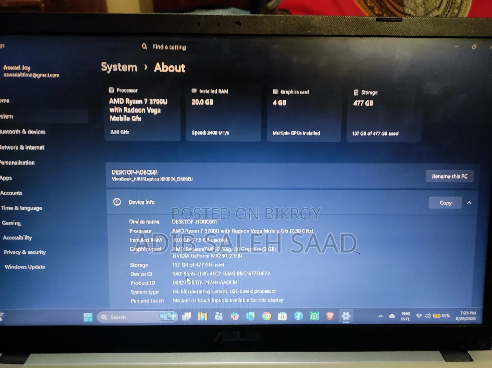 Laptop Asus 20GB AMD Ryzen 7 SSD 512GB